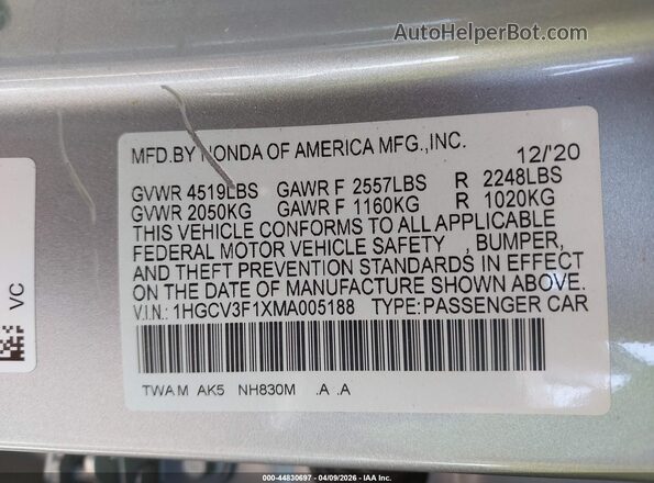 1HGCV3F1XMA005188 2021 HONDA ACCORD HYBRID Silver 