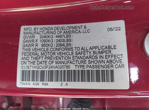 1HGCV3F24NA025785 2022 HONDA ACCORD Red Widok komory silnika