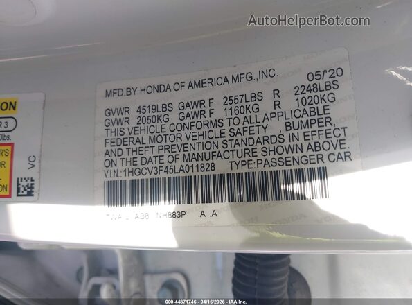 1HGCV3F45LA011828 2020 HONDA ACCORD HYBRID White 