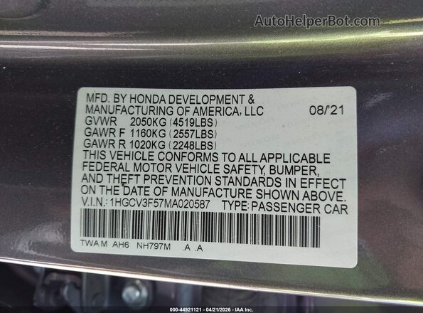 1HGCV3F57MA020587 2021 HONDA ACCORD Gray Շարժիչի բաժամունքի տեսք