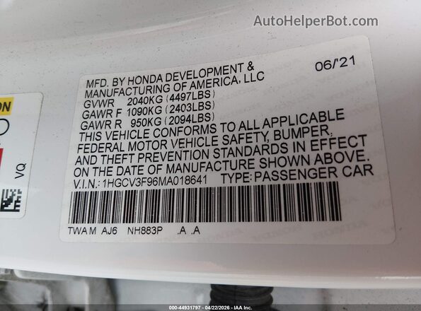 1HGCV3F96MA018641 2021 HONDA ACCORD White Vista del compartimento del motor