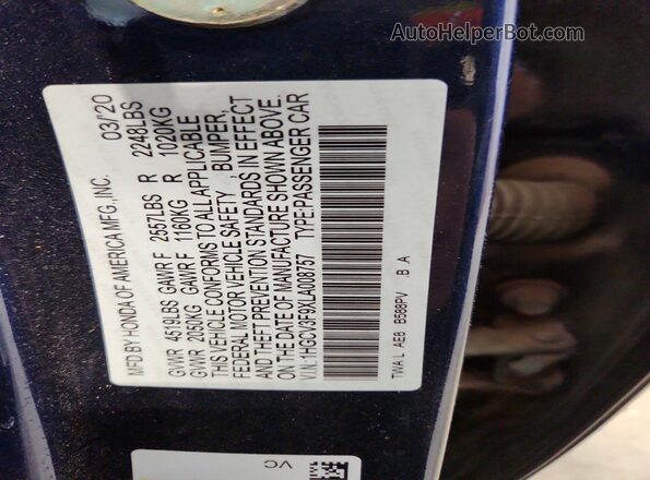 1HGCV3F9XLA008757 2020 HONDA ACCORD Blue Շարժիչի բաժամունքի տեսք