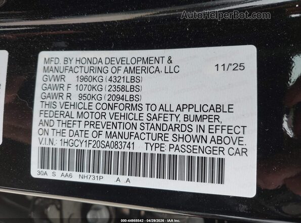 1HGCY1F20SA083741 2025 HONDA ACCORD Black Engine compartment view