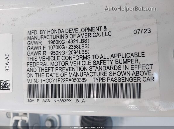 1HGCY1F22PA050389 2023 HONDA ACCORD White Widok komory silnika