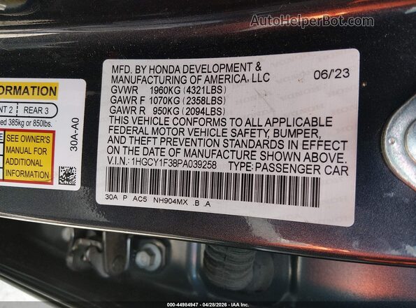 1HGCY1F38PA039258 2023 HONDA ACCORD Gray Engine compartment view