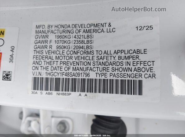1HGCY1F48SA091796 2025 HONDA ACCORD Белый Вид подкапотного пространства