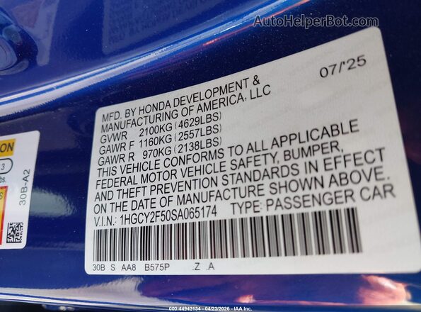 1HGCY2F50SA065174 2025 HONDA ACCORD Blue Вид підкапотного простору