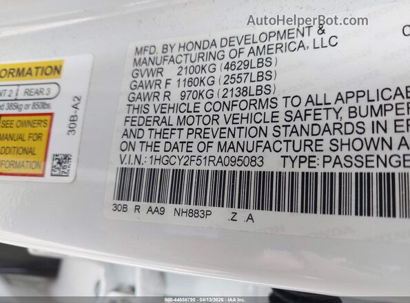 1HGCY2F51RA095083 2024 HONDA ACCORD Белый Вид подкапотного пространства