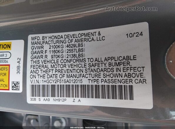 1HGCY2F51SA012015 2025 HONDA ACCORD Gray Engine compartment view