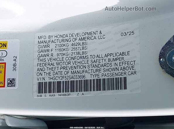 1HGCY2F52SA033696 2025 HONDA ACCORD White Engine compartment view