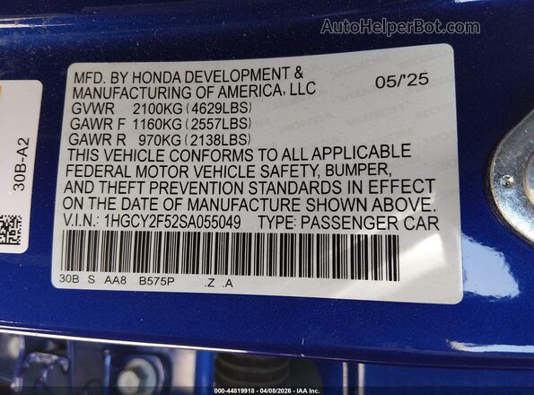 1HGCY2F52SA055049 2025 HONDA ACCORD HYBRID Blue Вид підкапотного простору