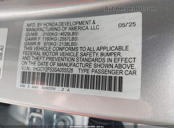1HGCY2F53SA055528 2025 HONDA ACCORD Gray Widok komory silnika