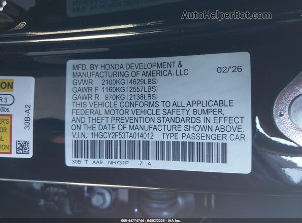 1HGCY2F53TA014012 2026 HONDA ACCORD Black Շարժիչի բաժամունքի տեսք