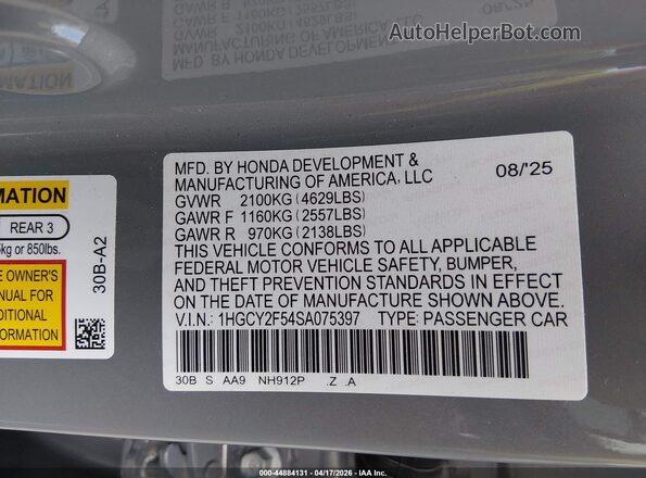 1HGCY2F54SA075397 2025 HONDA ACCORD Gray Вид підкапотного простору
