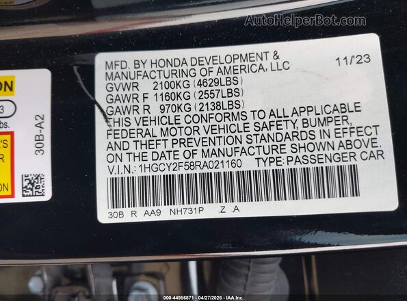 1HGCY2F58RA021160 2024 HONDA ACCORD Black Շարժիչի բաժամունքի տեսք