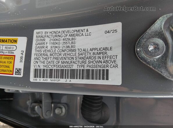 1HGCY2F5XSA043327 2025 HONDA ACCORD Gray ძრავის განყოფილების ხედი