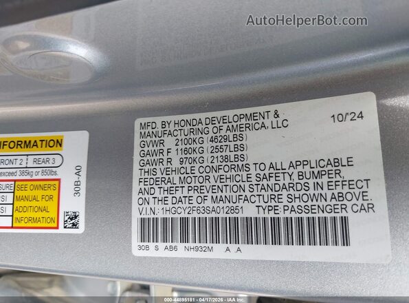1HGCY2F63SA012851 2025 HONDA ACCORD HYBRID Silver Շարժիչի բաժամունքի տեսք