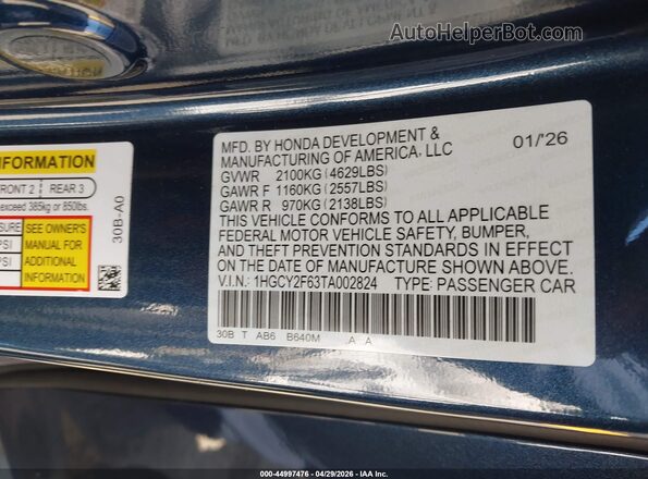 1HGCY2F63TA002824 2026 HONDA ACCORD Blue Widok komory silnika