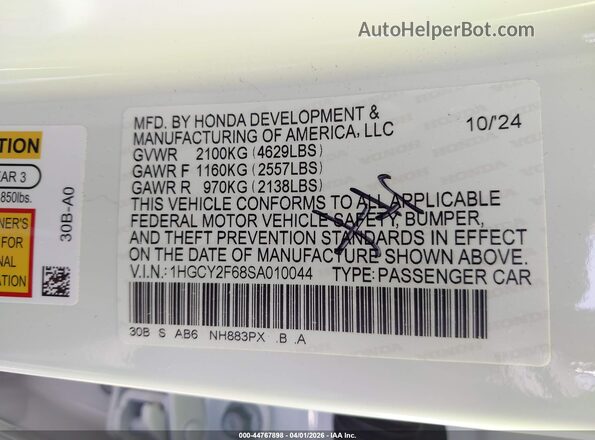 1HGCY2F68SA010044 2025 HONDA ACCORD White Շարժիչի բաժամունքի տեսք