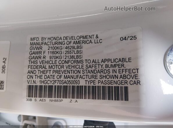 1HGCY2F70SA050093 2025 HONDA ACCORD HYBRID White 