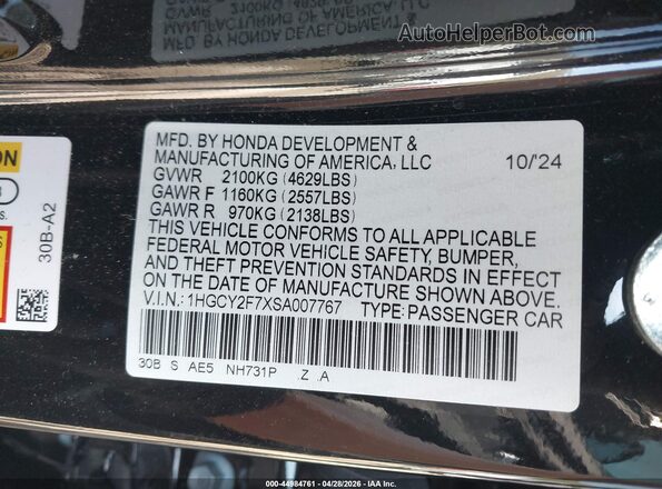 1HGCY2F7XSA007767 2025 HONDA ACCORD Black Շարժիչի բաժամունքի տեսք