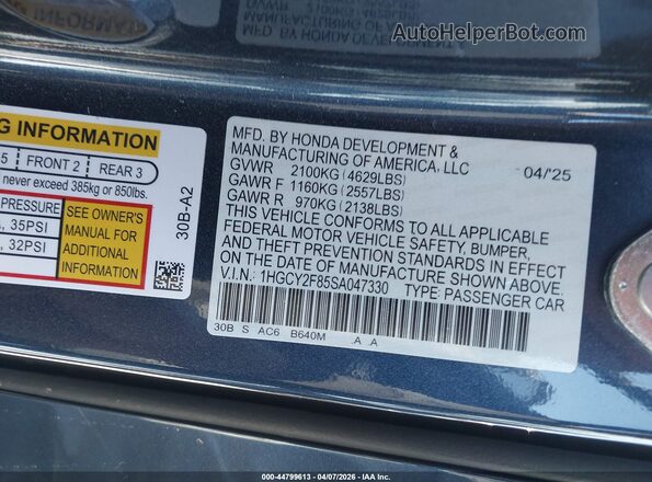 1HGCY2F85SA047330 2025 HONDA ACCORD HYBRID Blue 