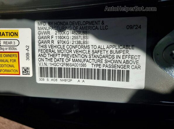 1HGCY2F86SA001585 2025 HONDA ACCORD Gray Вид наклейки з VIN-кодом