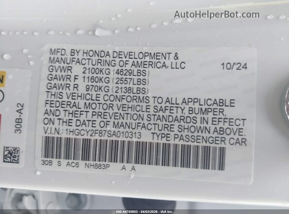 1HGCY2F87SA010313 2025 HONDA ACCORD White Вид підкапотного простору