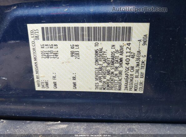 1N4AA6AP7GC401124 2016 NISSAN MAXIMA Синий Вид подкапотного пространства
