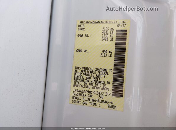 1N4AA6AP9HC430237 2017 NISSAN MAXIMA White Engine compartment view