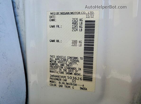 1N4AA6CVXPC503626 2023 NISSAN MAXIMA White VIN կոդի պիտակի տեսք