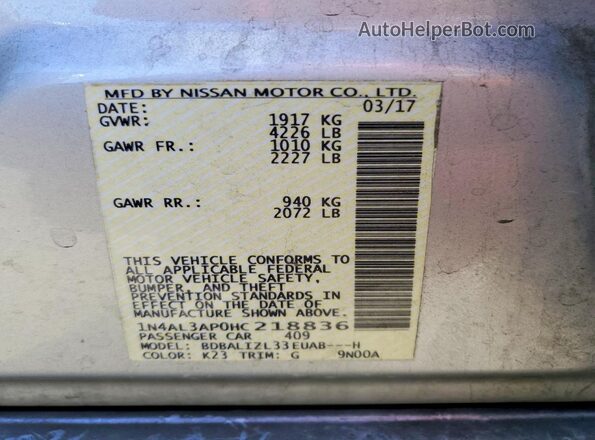 1N4AL3AP0HC218836 2017 NISSAN ALTIMA Silver Շարժիչի բաժամունքի տեսք
