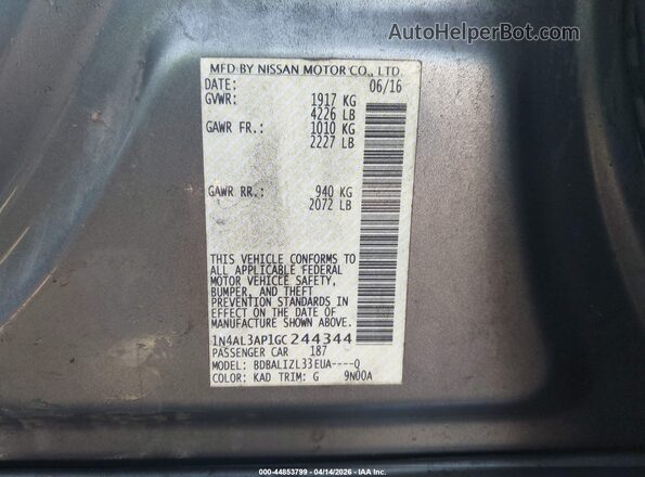 1N4AL3AP1GC244344 2016 NISSAN ALTIMA Gray Vista del compartimento del motor