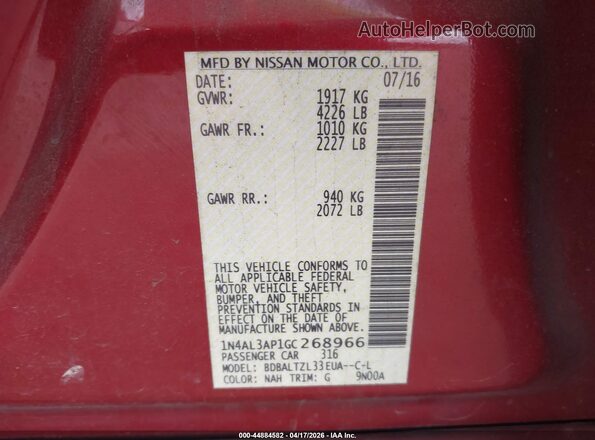 1N4AL3AP1GC268966 2016 NISSAN ALTIMA Red Widok komory silnika
