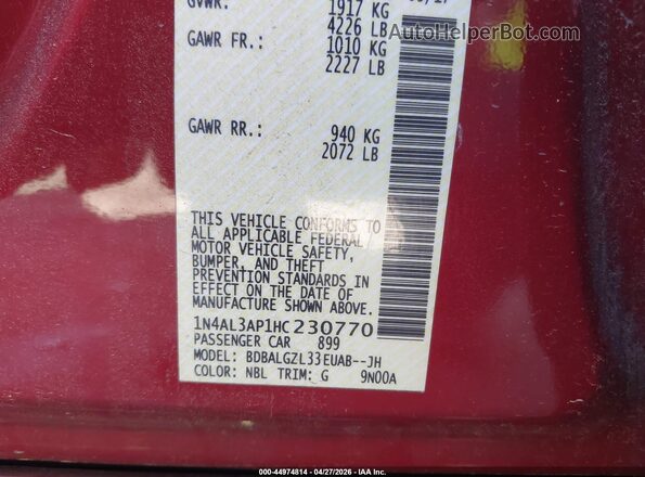 1N4AL3AP1HC230770 2017 NISSAN ALTIMA Red Widok komory silnika