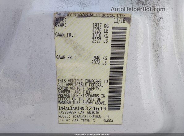 1N4AL3AP1HN324619 2017 NISSAN ALTIMA Белый Вид подкапотного пространства