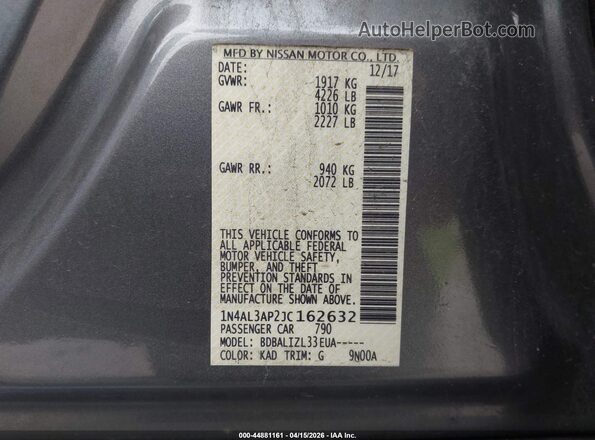 1N4AL3AP2JC162632 2018 NISSAN ALTIMA Серый Вид подкапотного пространства