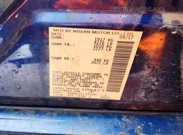 1N4AL3AP3JC109423 2018 NISSAN ALTIMA Blue VIN კოდის სტიკერის ხედი