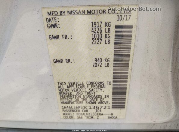 1N4AL3AP3JC136721 2018 NISSAN ALTIMA White Engine compartment view