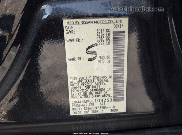 1N4AL3AP4JC109253 2018 NISSAN ALTIMA Black Շարժիչի բաժամունքի տեսք