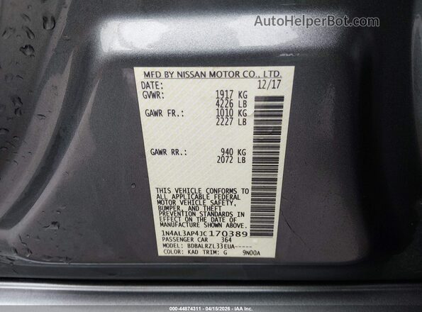 1N4AL3AP4JC170389 2018 NISSAN ALTIMA Серый Вид подкапотного пространства