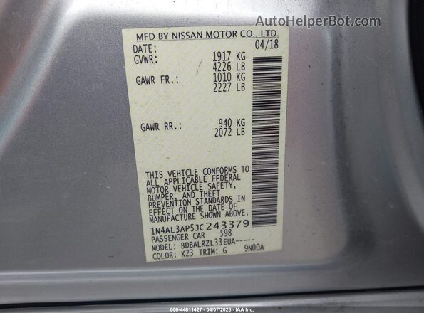 1N4AL3AP5JC243379 2018 NISSAN ALTIMA Silver ძრავის განყოფილების ხედი