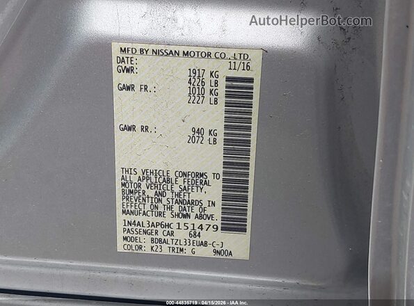 1N4AL3AP6HC151479 2017 NISSAN ALTIMA Серебряный Вид подкапотного пространства