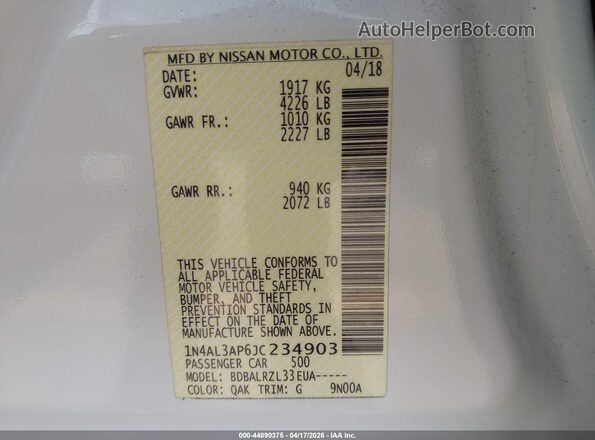 1N4AL3AP6JC234903 2018 NISSAN ALTIMA White ძრავის განყოფილების ხედი