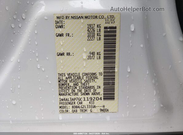 1N4AL3AP7GC119204 2016 NISSAN ALTIMA White Вид підкапотного простору