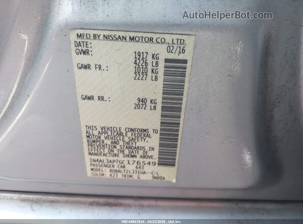 1N4AL3AP7GC176549 2016 NISSAN ALTIMA Silver Vista del compartimento del motor