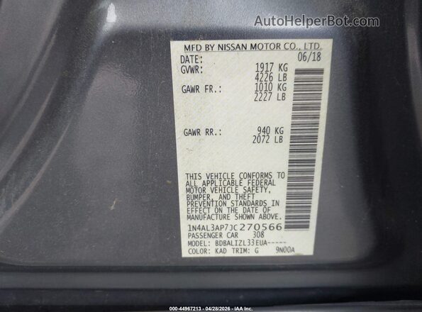 1N4AL3AP7JC270566 2018 NISSAN ALTIMA Gray ძრავის განყოფილების ხედი