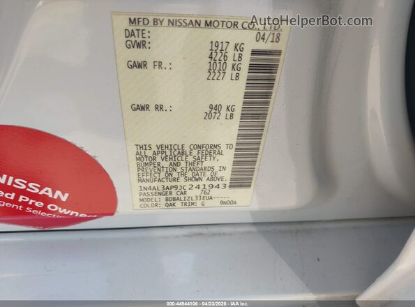 1N4AL3AP9JC241943 2018 NISSAN ALTIMA White 