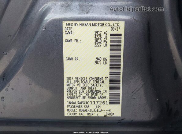 1N4AL3APXJC117261 2018 NISSAN ALTIMA Gray Вид підкапотного простору