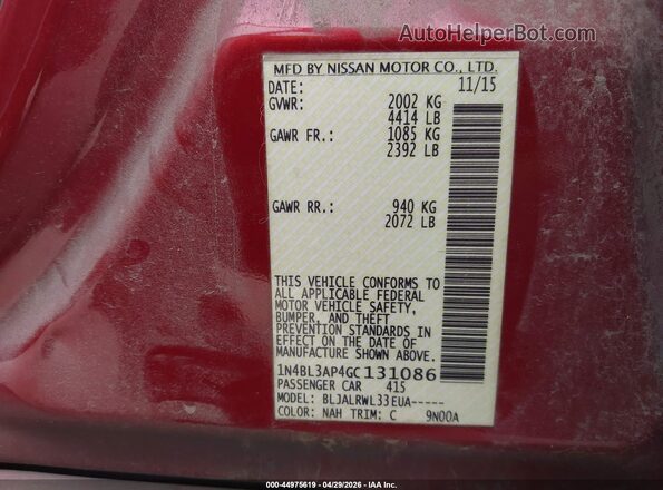 1N4BL3AP4GC131086 2016 NISSAN ALTIMA Red Вид підкапотного простору